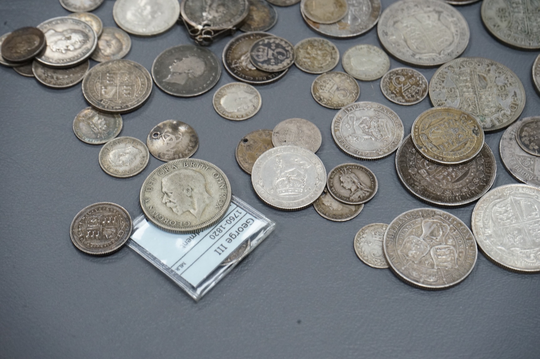 British silver coins, George III to George VI, including George II half crown, 1745, Lima, fine or better, numerous Victoria to George V halfcrowns and florins